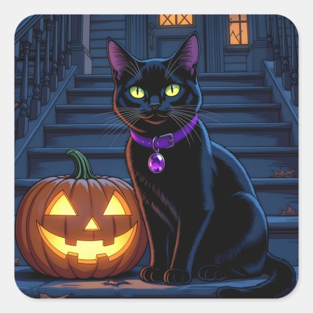 Schwarze Katze und Jack-O-Lantern Halloween Quadratischer Aufkleber (Vorderseite)