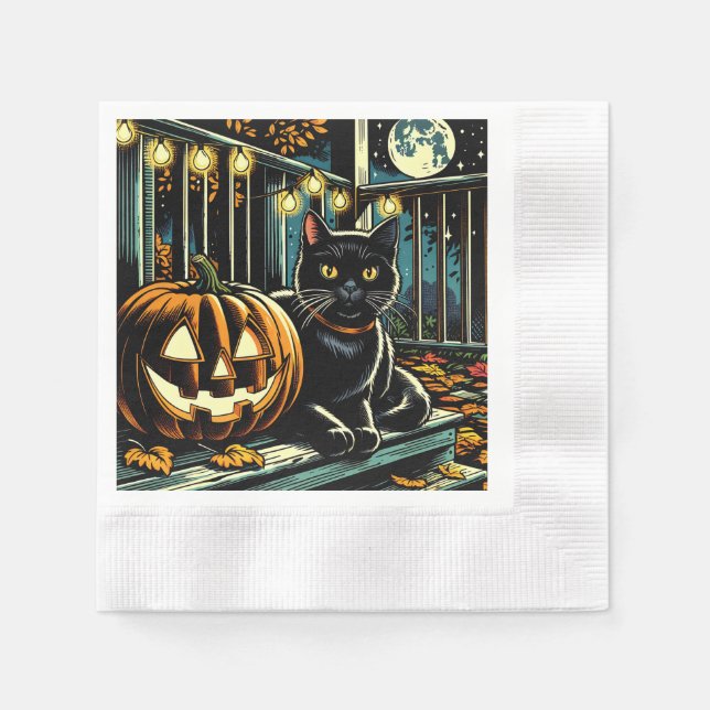 Schwarze Katze und Jack-O-Lantern Halloween Serviette (Vorderseite)
