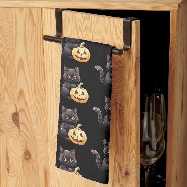 Schwarze Katze und Jack-O' Lantern Pattern Hallowe Geschirrtuch (Drittel gefaltet)
