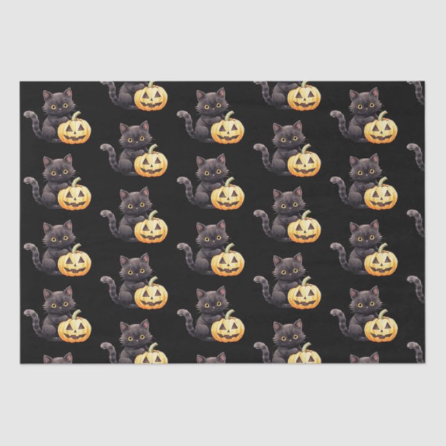 Schwarze Katze und Jack-O' Lantern Pattern Hallowe Seidenpapier (Vorderseite)