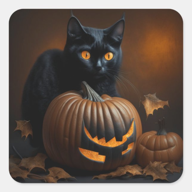 Schwarze Katze und Jack-O-Laterne Quadratischer Aufkleber (Vorderseite)