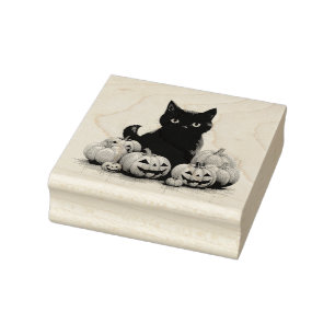 Schwarze Katze und Jack-o-Laternen Gummistempel