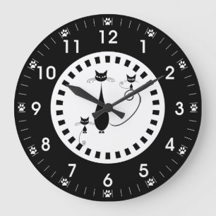 Schwarze Katze und Kitten mit Paw Prints Große Wanduhr
