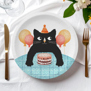 Schwarze Katze und Kuchen Pappteller