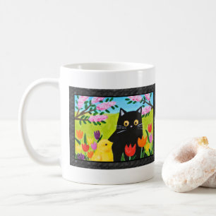 Schwarze Katze und Küken Süßes Volkskunst-Geschenk Kaffeetasse