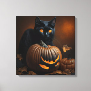 Schwarze Katze und Kürbislaterne Leinwanddruck