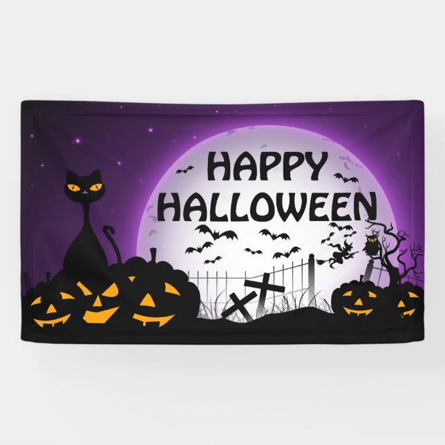 Schwarze Katze und Kürbislaternen, schwarz und lil Banner (Horizontal)