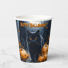 Schwarze Katze und Kürbiswald Halloween Pappbecher