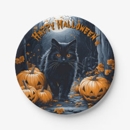 Schwarze Katze und Kürbiswald Halloween Pappteller