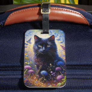 Schwarze Katze und Lila Wildblumen Ölgemälde Gepäckanhänger
