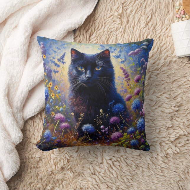 Schwarze Katze und Lila Wildblumen Ölgemälde Kissen (Decke)