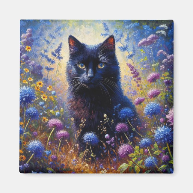 Schwarze Katze und Lila Wildblumen Ölgemälde Magnet (Vorne)