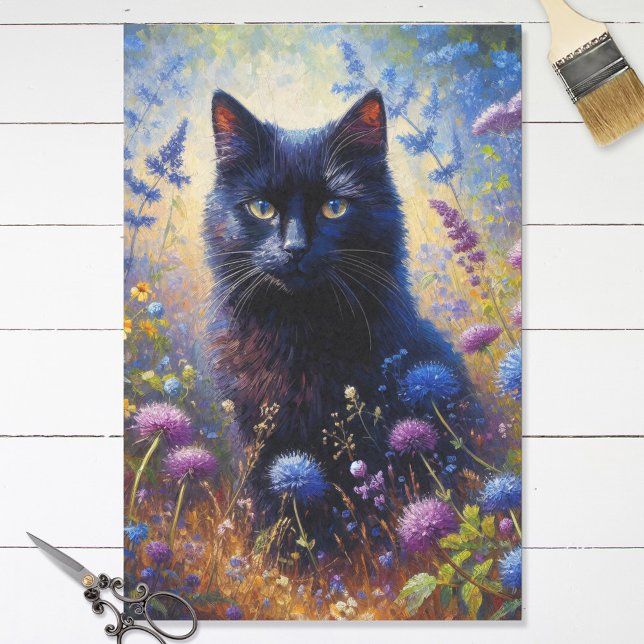 Schwarze Katze und Lila Wildblumen Seidenpapier (Von Creator hochgeladen)