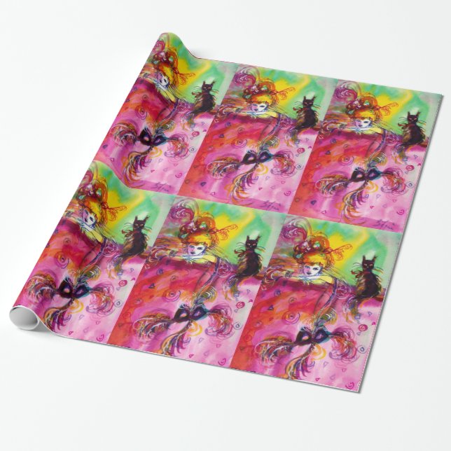 SCHWARZE KATZE UND MASK-MASK-MASKERN-Nacht Geschenkpapier (Ungerollt)