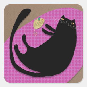Schwarze Katze und Maus Quadratischer Aufkleber