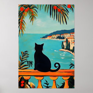 Schwarze Katze und Meer Poster