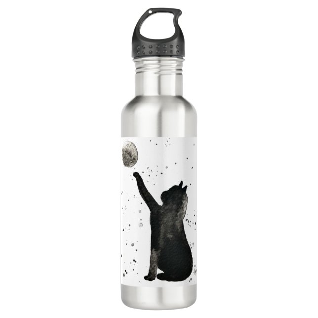 Schwarze Katze und Mond Haustier Kätzchen Aquarell Edelstahlflasche (Vorderseite)