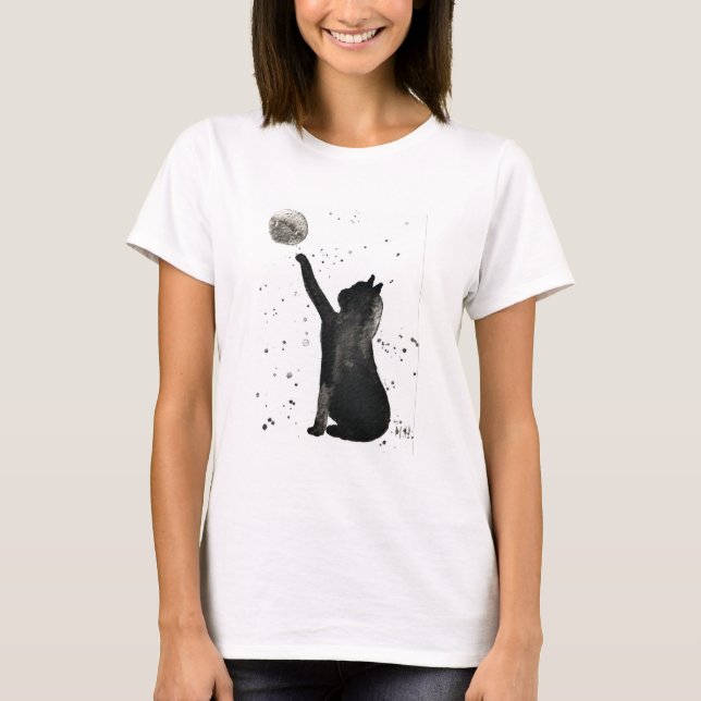 Schwarze Katze und Mond Haustier Kätzchen Aquarell T-Shirt (Vorderseite)