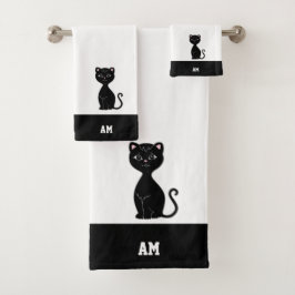 Schwarze Katze und Monogramm auf Schwarz und Weiß Badhandtuch Set