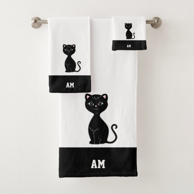Schwarze Katze und Monogramm auf Schwarz und Weiß Badhandtuch Set (Insitu)