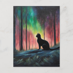 Schwarze Katze und Nordlichter Postkarte