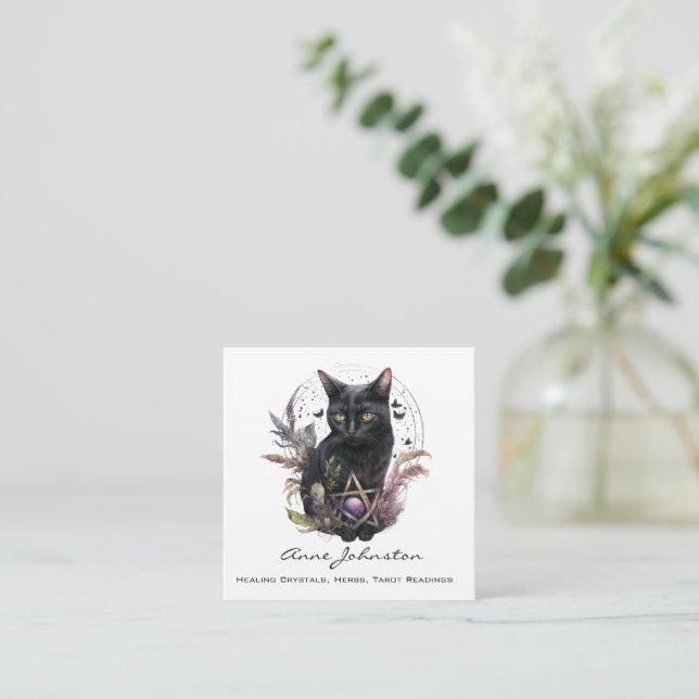 Schwarze Katze und Pentagramm Quadratische Visitenkarte (Stehend Vorderseite)
