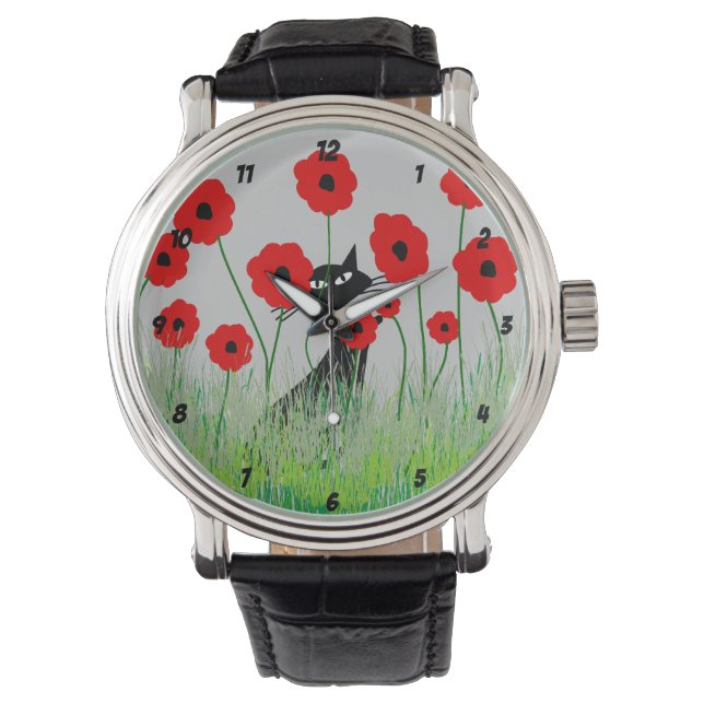 Schwarze Katze und Poppies beobachten Armbanduhr (Vorderseite)