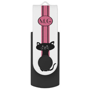 Schwarze Katze und rosa Streifen Art Deco Monogram USB Stick