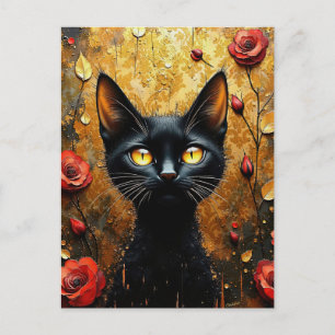 Schwarze Katze und Rosen Postkarte