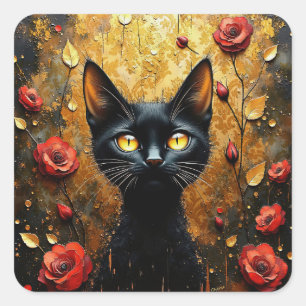 Schwarze Katze und Rosen Quadratischer Aufkleber