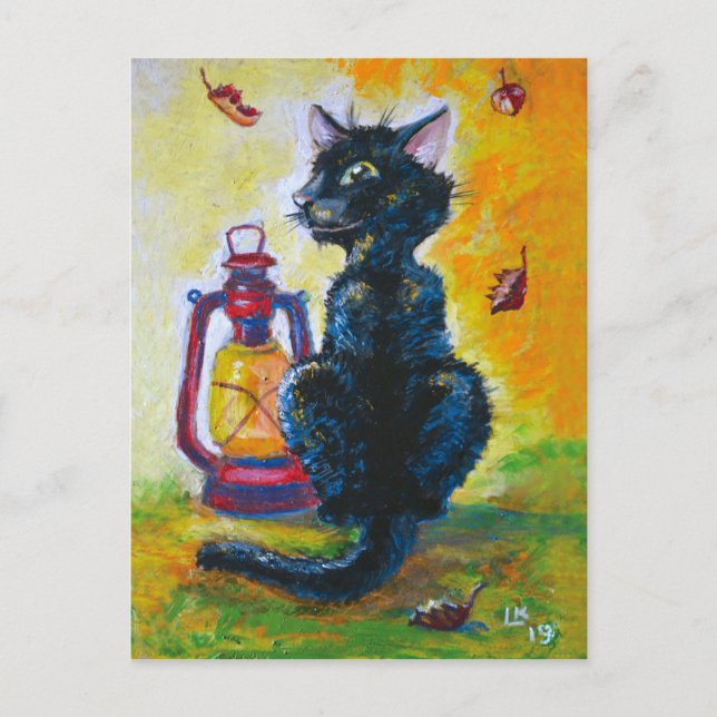 Schwarze Katze und rote Laternenlampe Postkarte (Vorderseite)