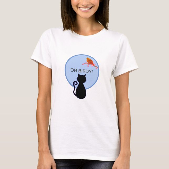 Schwarze Katze und roter Vogel T-Shirt (Vorderseite)