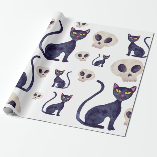 Schwarze Katze und Schädelstich Geschenkpapier (Ungerollt)