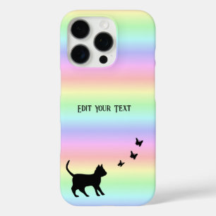 Schwarze Katze und Schmetterling auf Regenbogen iPhone 16 Pro Hülle