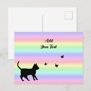 Schwarze Katze und Schmetterling auf Regenbogen Postkarte