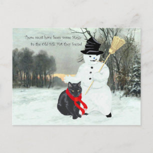 Schwarze Katze und Schneemann Postkarte