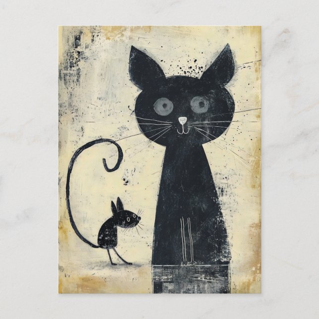 Schwarze Katze und schwarze Maus Postkarte (Vorderseite)