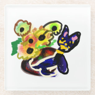 Schwarze Katze und Sonnenblumen Glasuntersetzer
