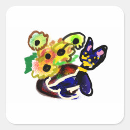 Schwarze Katze und Sonnenblumen Quadratischer Aufkleber