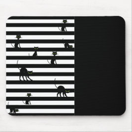 Schwarze Katze und Streifen Farbblock Schwarz Mousepad