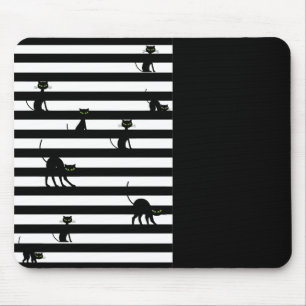 Schwarze Katze und Streifen Farbblock Schwarz Mousepad