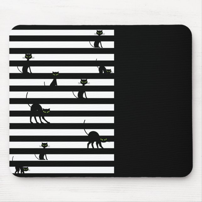 Schwarze Katze und Streifen Farbblock Schwarz Mousepad (Vorne)