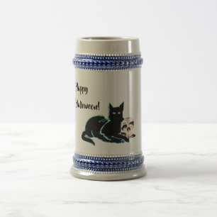Schwarze Katze und Totenkopf Halloween Bierglas