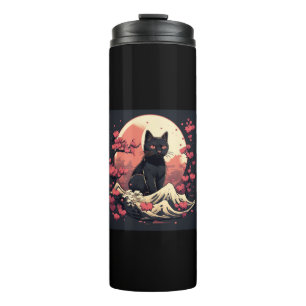 Schwarze Katze und Vollmond-Kirschblossom Akzente  Thermosbecher