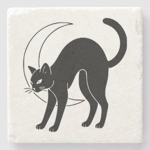 Schwarze Katze und zunehmender Mond Liniengrafik Steinuntersetzer