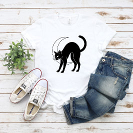 Schwarze Katze und zunehmender Mond Liniengrafik T-Shirt
