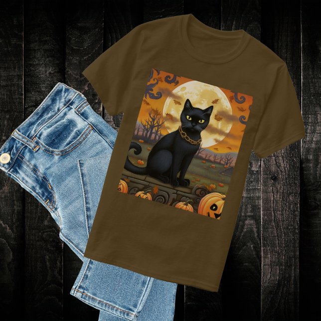 Schwarze Katze unter einem Erntemond und Pumpkins T-Shirt (Black Halloween kitty underneath a harvest moon T-Shirt.  For a ghoulish night out on Halloween.)
