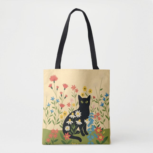 Schwarze Katze unter farbenfrohen Wildblumen - Ker Tasche (Vorderseite)