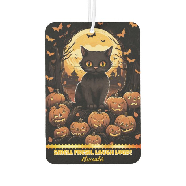 Schwarze Katze unter glühenden Kürbis in der Abend Autolufterfrischer (Rückseite)