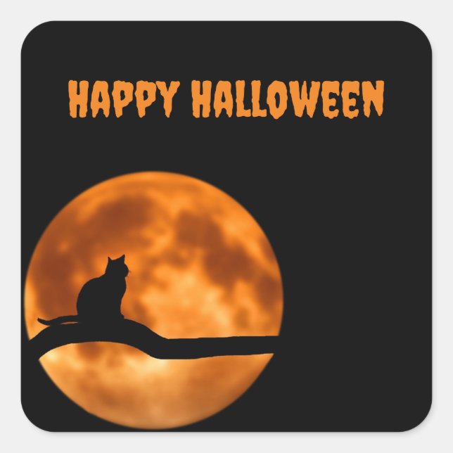 Schwarze Katze unter Orange Moon Aufkleber (Vorderseite)